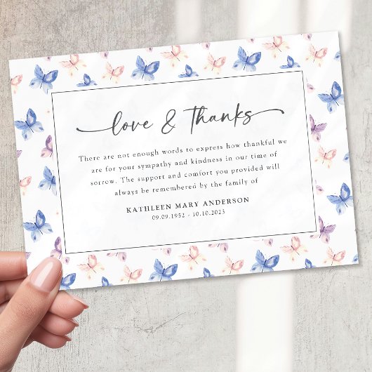 蝶かわいらし薄紫ブルー悔やみや弔慰葬儀 サンキューカード