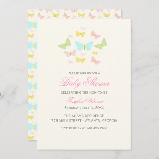 蝶かわいらし赤ちゃんシャワー招待状 招待状 (正面/裏面)