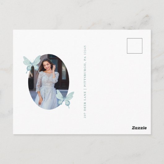 蝶かわいらし青の写真キンセアニェラありがとう ポストカード (裏面)