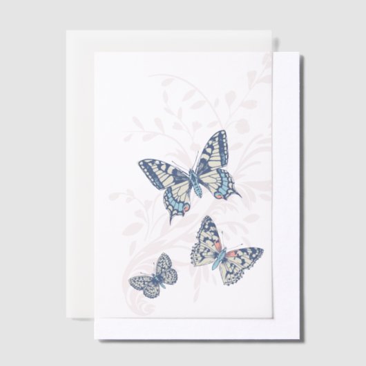 蝶がアートブルーコーラルクリー結婚ムを埋めた ベラム紙招待状 (オフセット)