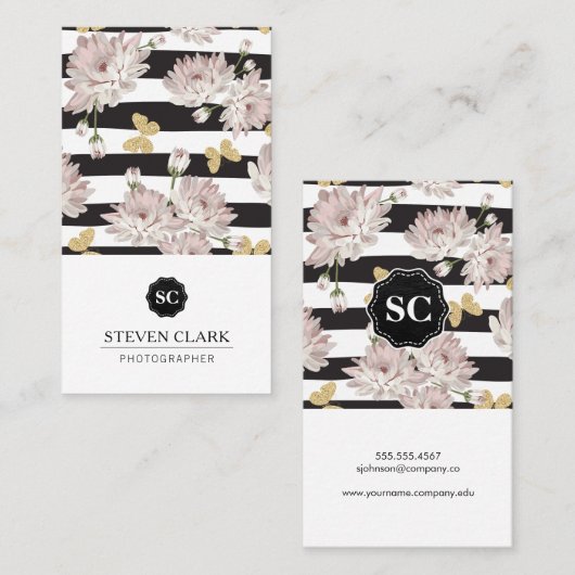 蝶がキラキラ輝く花柄 名刺 (正面/裏面)