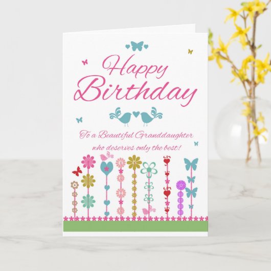 蝶が付いているかわいらしい孫娘のバースデー・カード カード (黄色い花)