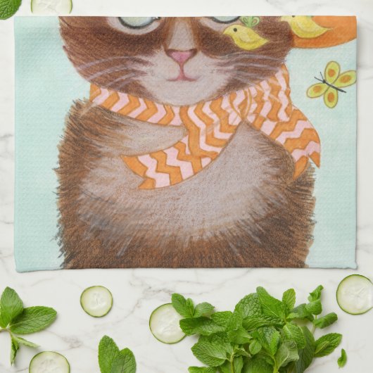 蝶が付いているイースターボンネットのイースター猫 キッチンタオル (折り畳み)