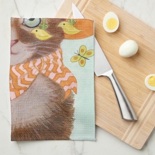 蝶が付いているイースターボンネットのイースター猫 キッチンタオル (四つ折り)