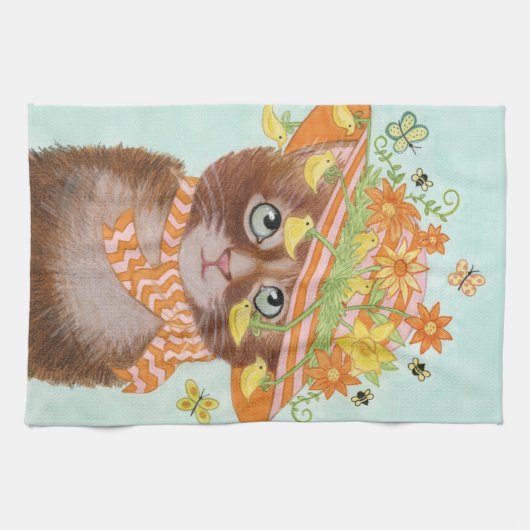 蝶が付いているイースターボンネットのイースター猫 キッチンタオル (横)