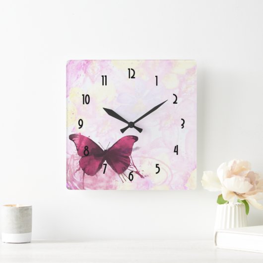 蝶が付いているピンクおよび黄色い水彩画の花 スクエア壁時計 (ホーム)