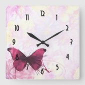 蝶が付いているピンクおよび黄色い水彩画の花 スクエア壁時計 (正面)