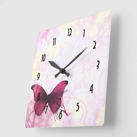 蝶が付いているピンクおよび黄色い水彩画の花 スクエア壁時計 (傾斜)