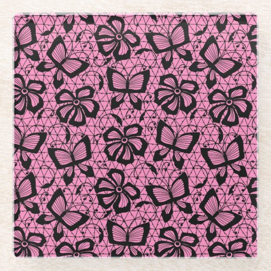 蝶が付いているレースパターン ガラスコースター (正面)