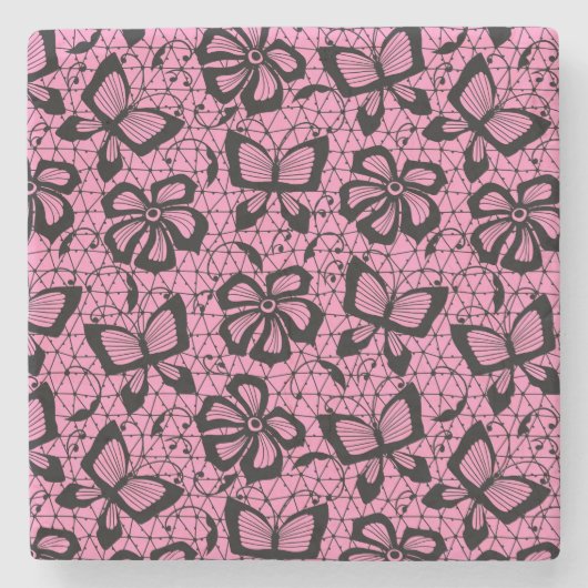 蝶が付いているレースパターン ストーンコースター (正面)