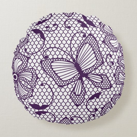 蝶が付いているレースパターン ラウンドクッション (正面)