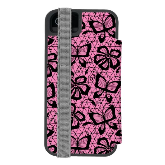 蝶が付いているレースパターン INCIPIO iPhoneウォレットケース (フォリオ裏面)