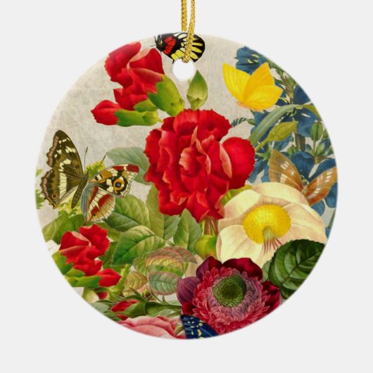 蝶が付いているヴィンテージの花の花束 セラミックオーナメント (正面)