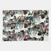 蝶が付いている下降のばら色のスカル キッチンタオル (横)