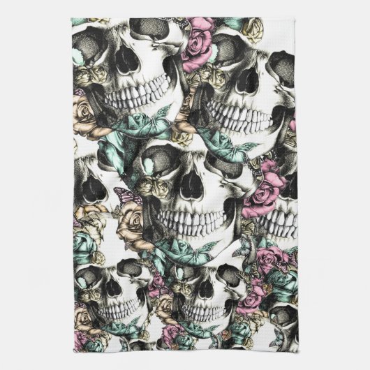 蝶が付いている下降のばら色のスカル キッチンタオル (縦)