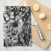 蝶が付いている花のレースの骨組 キッチンタオル (四つ折り)