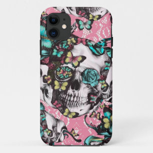 蝶が付いている花柄のばら色のスカル iPhone 11 ケース