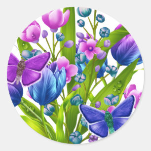 蝶が付いている青および紫色の花のステッカー ラウンドシール