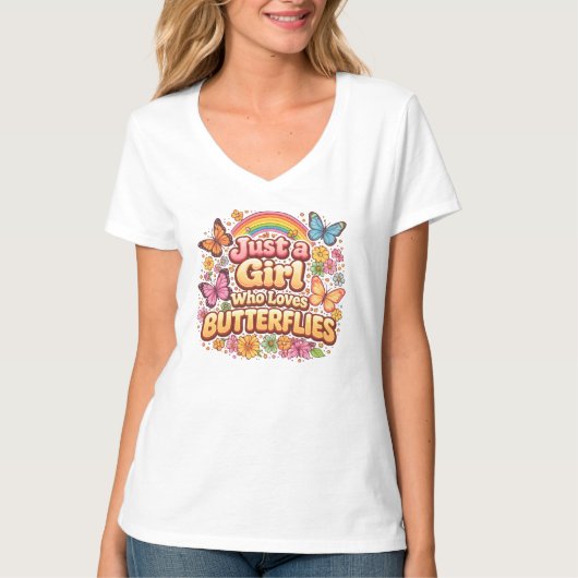 蝶が好きな女の子 – かわいい花柄 Tシャツ (正面)