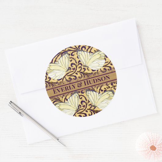 蝶が紫とオレンジを渦巻く ラウンドシール (封筒)