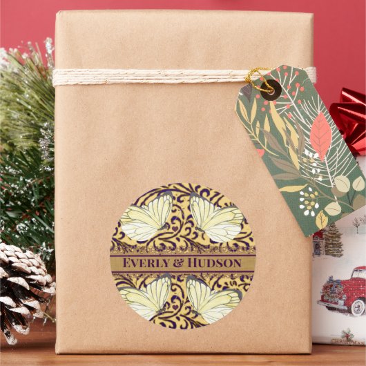 蝶が紫とオレンジを渦巻く ラウンドシール (クリスマス)