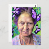 蝶が緑の背景を持つ高齢者の女性 ポストカード (正面/裏面)