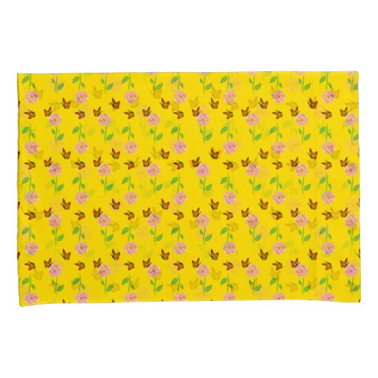 蝶が黄色い背景にある花 枕カバー (正面右)