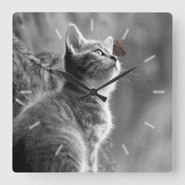 蝶が鼻についたかわいい灰色の子猫 スクエア壁時計