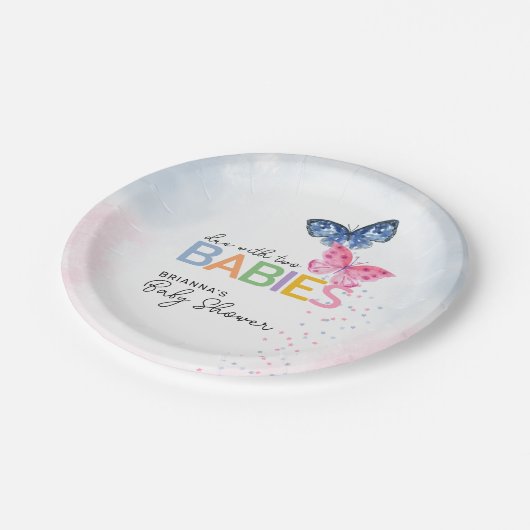 蝶が2つのベビー赤ちゃんシャワーで ペーパープレート (アングル)