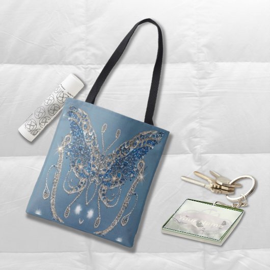 蝶きらきら光る蝶と青と銀の輝き トートバッグ