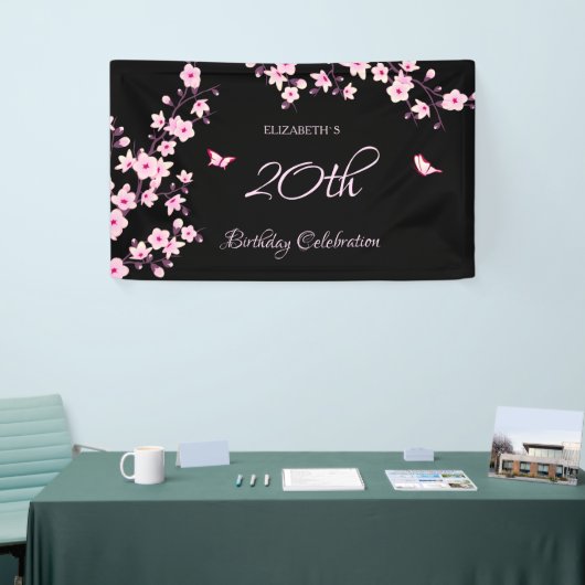 蝶さくらんぼ咲きピンクブラック 横断幕 (トレードショー)