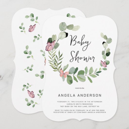 蝶すべての赤のまわりにちゃんシャワーブラケット 招待状 (正面/裏面)