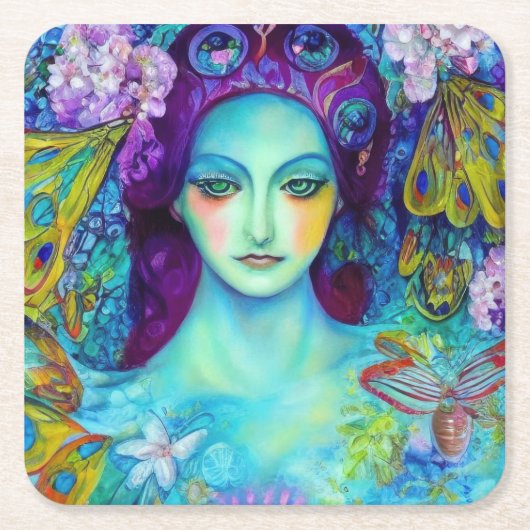 蝶で魅了された妖精の女王 スクエアペーパーコースター (正面)