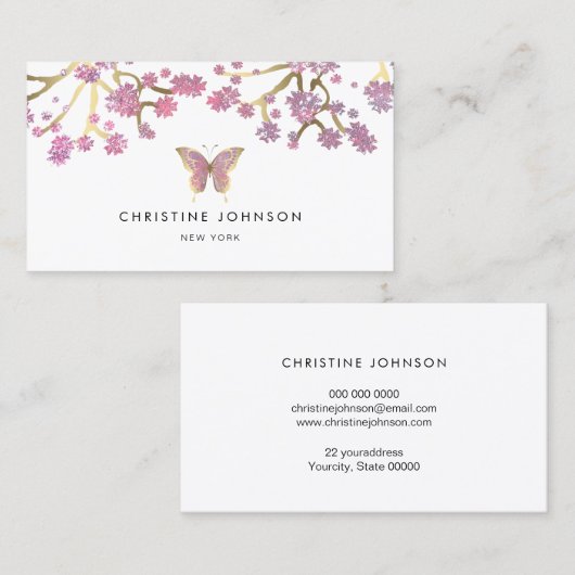 蝶とさくらんぼの花のデザイン 名刺 (正面/裏面)