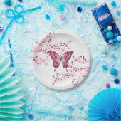 蝶とさくらんぼ咲きピンク白 ペーパープレート (パーティー)