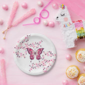 蝶とさくらんぼ咲きピンク白 ペーパープレート (パーティー)