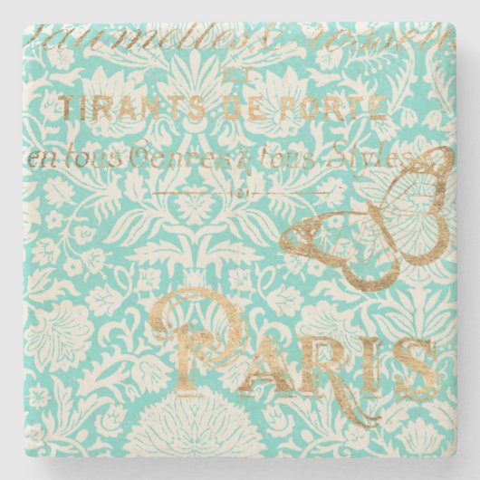 蝶とのヴィンテージのパリの金ゴールドのデザイン ストーンコースター (正面)