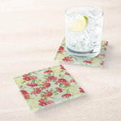 蝶との緑の赤いカーネーション ガラスコースター (アングル)