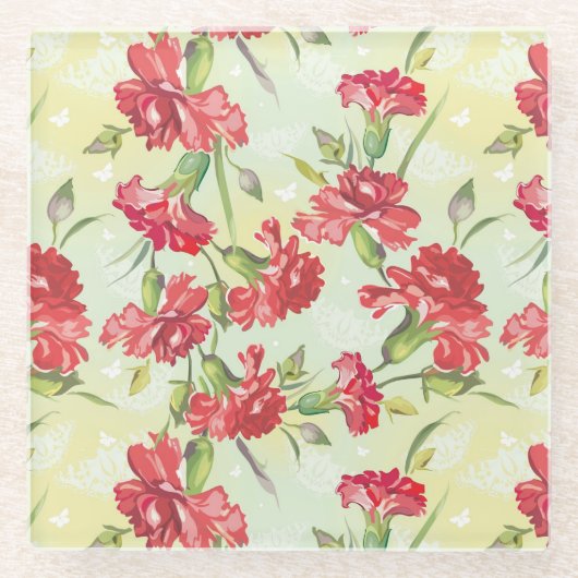 蝶との緑の赤いカーネーション ガラスコースター (正面)