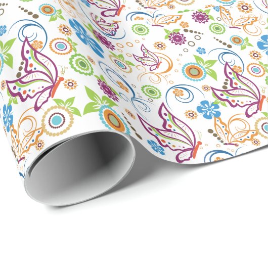 蝶とカラフル花のパターン一枠付き ラッピングペーパー (ロールコーナー)