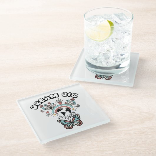 蝶とキノコの夢の大きなインスピオ前向きー ガラスコースター (アングル)