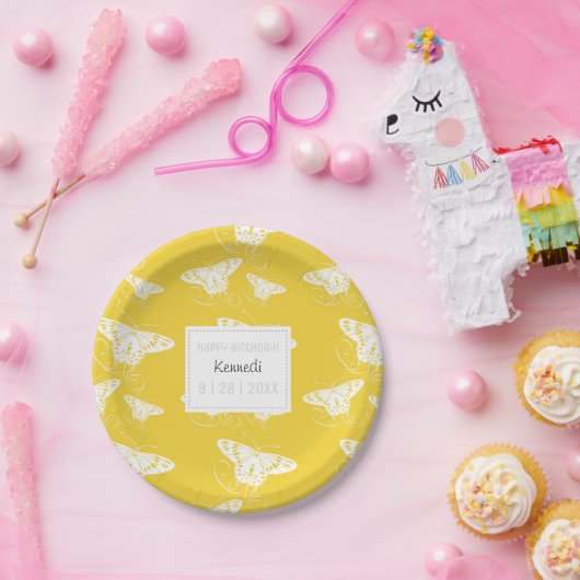 蝶とキュートな黄色と白の紙プレート ペーパープレート (パーティー)