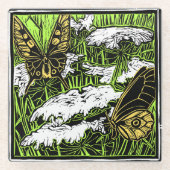 蝶とクイーンアンズレース ガラスコースター (正面)