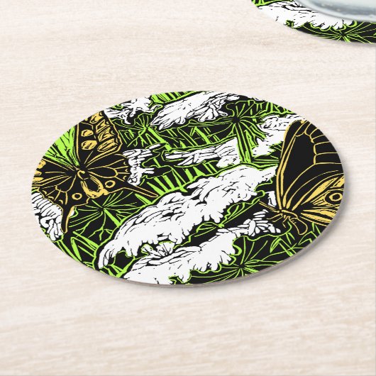 蝶とクイーンアンズレース ラウンドペーパーコースター (アングル)