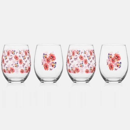 蝶とケシの花 ステムなしワイングラス (正面)