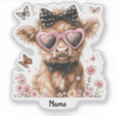 蝶とサングラスが楽しめる可愛いハイランド牛 シール (正面)