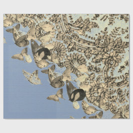 蝶とシャンティリーレースブルーのラッピング紙 ラッピングペーパー