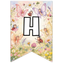 蝶とテントウムシの花の庭 お誕生日おめでとう バンティングフラッグ