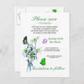 蝶とデイジーの緑の日付を保存 案内ポストカード (正面/裏面)