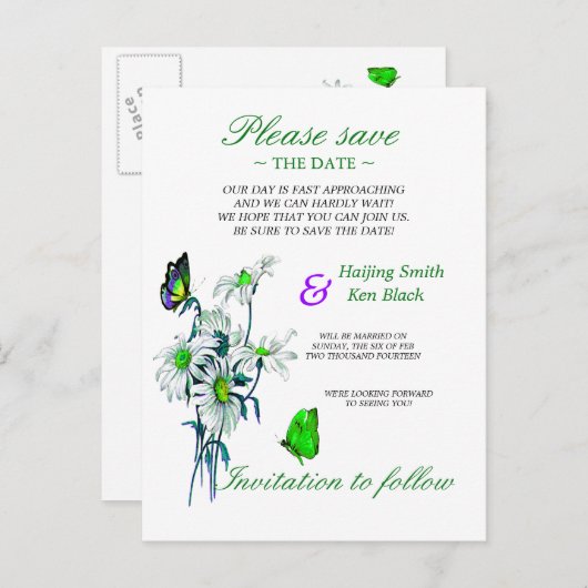 蝶とデイジーの緑の日付を保存 案内ポストカード (正面/裏面)